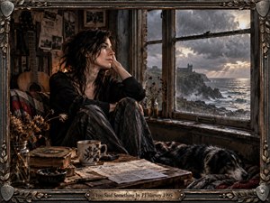 A dark-haired woman sits pensively beside a rain-streaked cabin window overlooking a stormy coast and distant ruins. Warm amber interior light contrasts with cool gray sea and clouds. Rustic books, papers, guitar, dried flowers, and a sleeping dog enrich the intimate, melancholy scene within an ornate weathered metal frame.