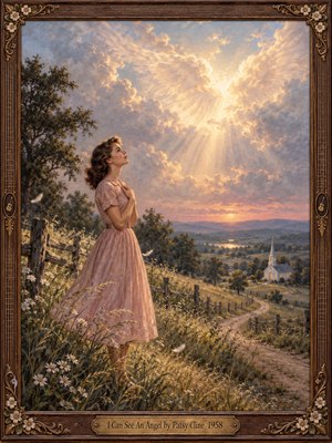 A young woman in a rose-colored 1950s dress gazes toward radiant, winglike clouds above a peaceful country valley. Golden sunbeams illuminate wildflowers, rustic fences, a winding path, and a distant white church. Soft oil-painted textures and pastel skies evoke tender wonder, enclosed by an ornate carved wooden frame and brass title plate.