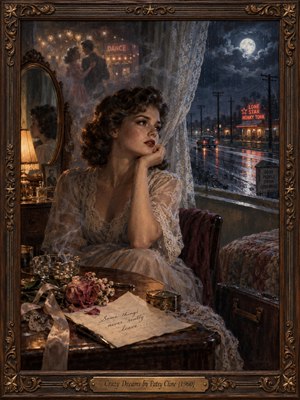 A wistful woman in a lace gown gazes through a rain-streaked motel window toward a moonlit highway and glowing honky-tonk sign. Faded roses, a handwritten letter, and ghostly dancers evoke longing and lost romance. Warm amber lamplight contrasts with midnight blues in this richly textured oil painting, enclosed by ornate carved wood.