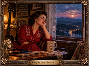 A wistful woman in a richly embroidered red dress sits beside a window, gazing toward moonlit hills and glowing river lights. Warm amber lamplight contrasts with the cool blue twilight, creating a nostalgic, melancholic atmosphere. A guitar, vinyl record, flowers, and ornate golden musical frame evoke vintage country romance and longing.