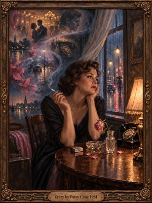 A wistful woman sits beside a rain-streaked window, holding a cigarette above a polished table with a wilted rose and rotary telephone. Dreamlike memories of dancing lovers drift through smoky blue shadows, while golden lamplight warms the lonely room. Rich oil-painted textures and an ornate bronze musical frame evoke timeless heartbreak.