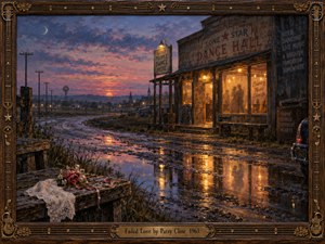 A nostalgic oil painting shows a rain-soaked country road curving past a glowing dance hall at twilight. Shadowy dancers linger behind golden windows as puddles reflect violet clouds and amber light. A wilted rose and lace handkerchief rest on weathered wood, enclosed by an ornate, guitar-inspired frame, evoking bittersweet longing.