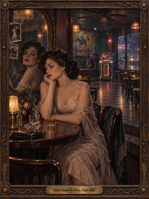 A wistful woman in a pale lace dress sits alone at a smoky honky-tonk table, her troubled reflection appearing in an antique mirror. Amber lamps illuminate wilted roses, whiskey, and a glowing jukebox, while rain shimmers outside. Rich oil-painted browns and blues deepen the melancholy within an ornate wooden frame.
