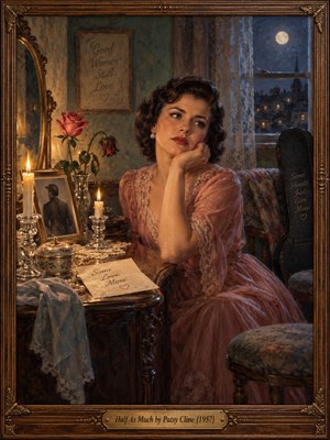 A wistful woman in a dusty rose gown sits beside a candlelit vanity, gazing toward a moonlit window. Fresh and wilting roses, a faded photograph, and handwritten notes suggest unequal affection. Warm amber light contrasts with cool blue shadows in this nostalgic oil painting, enclosed by an ornate carved wooden frame.