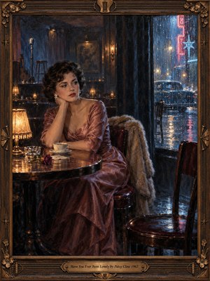 A solitary woman in a dusty rose satin dress sits in a dim 1960s lounge, her expression filled with longing. Rain streaks the windows as blue neon reflections contrast with warm amber lamplight. An empty chair, wilted rose, and vintage microphone deepen the melancholy atmosphere of this richly textured oil painting.