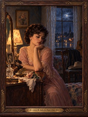 A wistful woman in a rose lace gown rests beside a polished vanity, surrounded by pearls, a rotary telephone, and a faded photograph. Amber lamplight warms her face while blue rain washes a moonlit town beyond the window. Rich oil brushwork and an ornate walnut musical frame evoke lonely 1960s romance.