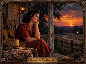 A wistful woman in a red vintage dress sits on a weathered porch, gazing toward a winding country road beneath a glowing orange and purple sunset. An old guitar, cowboy hat, lantern, and faded quilt evoke lost love. Warm cinematic lighting, rustic textures, and an ornate carved frame heighten the melancholy nostalgia.