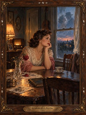 A wistful woman in a lace dress gazes through a rain-streaked window, surrounded by an old radio, fading rose, photographs, and an empty chair. Warm amber lamplight meets cool blue twilight, while ghostly reflections suggest lost love. Rich oil-painted textures and an ornate wooden frame deepen the nostalgic melancholy.