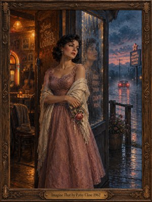 A wistful woman in a dusty rose gown pauses in a 1960s country lounge doorway, holding a wilting flower. Amber lamplight warms the vintage interior while blue rain darkens the road beyond. Her faint reflection, departing car, and ornate carved frame deepen this richly textured oil paintings atmosphere of heartbreak.
