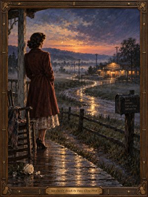 A solitary woman in a burgundy coat stands on a rain-soaked porch, gazing toward a distant, warmly lit dance hall. A winding road gleams beneath violet and amber twilight as mist blankets rural hills. A fallen white rose and ornate wooden frame deepen this nostalgic oil paintings atmosphere of longing and heartbreak.