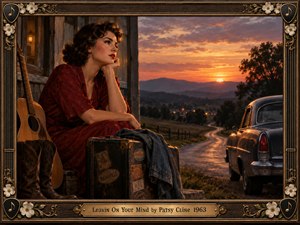 A wistful woman in a deep red dress sits beside a guitar and weathered suitcase, gazing toward a winding country road at sunset. Glowing orange skies, distant hills, and a vintage car evoke uncertainty and departure. Rich painterly textures, warm amber light, and an ornate wooden frame create nostalgic sadness.