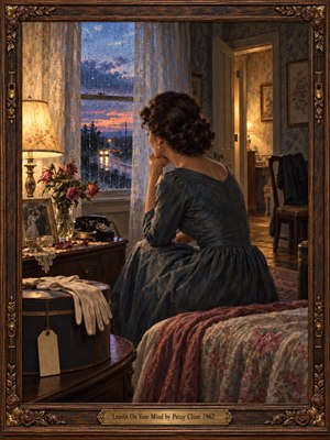 A solitary woman in a blue dress sits beside a rain-streaked window, contemplating distant headlights beneath a violet sunset. Warm lamplight illuminates fading roses, a rotary telephone, and travel gloves. This intimate, melancholy oil painting contrasts amber interiors with cool twilight, enclosed by an ornate carved walnut frame and brass plaque.