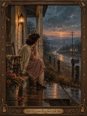 A solitary woman in a faded floral dress sits on a weathered porch, gazing down a rain soaked country road at twilight. Warm lantern light contrasts with blue gray clouds and distant glowing windows. Rich oil brushwork, an empty rocking chair, and an ornate wooden frame evoke loneliness and longing.