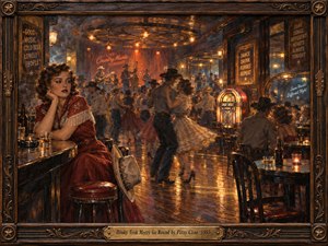 Inside a smoky 1950s honky tonk, a wistful woman in red sits alone at the bar while couples whirl across a gleaming dance floor. Amber chandeliers, a glowing jukebox, and distant musicians illuminate the lively scene. Rich oil brushwork, deep shadows, and an ornate wooden frame evoke bittersweet nostalgia.