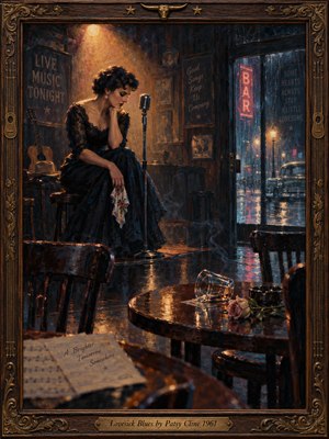 A solitary singer in a dark vintage dress sits beside a chrome microphone in an empty honky-tonk. Warm amber light softens her sorrowful pose, while blue rain and red neon glow outside. A tipped glass, faded rose, and carved wooden frame deepen the melancholy of this richly textured oil painting.