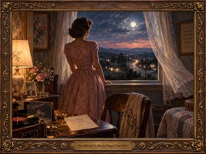 An elegant woman in a rose dress gazes through lace curtains toward a moonlit highway, her quiet room glowing with amber lamplight. A letter, vinyl record, roses, and faded photograph suggest enduring devotion and distance. Rich blue twilight, warm gold tones, and ornate carved framing deepen the nostalgic oil-painted atmosphere.