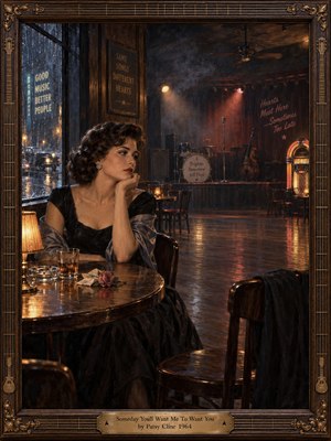A wistful woman in a black evening dress sits alone in a rain-soaked 1960s nightclub, gazing toward an empty stage. Amber lamps and red spotlights glow against smoky blue shadows, reflecting across polished wood. A fallen rose, vacant chair, and ornate bronze-trimmed frame deepen the melancholy of this richly detailed oil painting.