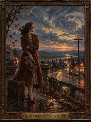 A solitary woman in a rust-colored coat stands beside a suitcase and vintage car, overlooking a winding road and glowing town at dusk. Swirling blue-gray clouds catch amber sunset light above wet pavement and falling leaves. Richly textured oil brushwork and an ornate wooden frame deepen the nostalgic, heartbroken mood.