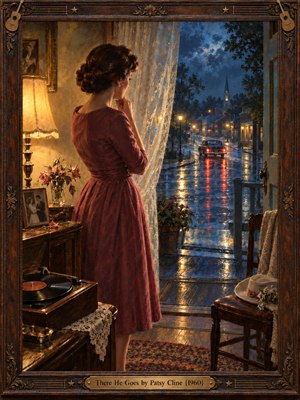 A woman in a dusty rose dress watches a departing car through an open doorway on a rain-soaked small-town night. Warm lamplight illuminates lace curtains, fading flowers, and a record player, contrasting with blue streets and red taillight reflections. Rich oil-paint textures and carved wooden framing deepen the quiet heartbreak.