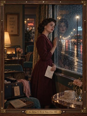 A wistful woman in a burgundy dress gazes through a rain-streaked window toward a distant bus depot. Warm lamplight illuminates a vintage radio, flowers, an open suitcase, and a handwritten letter. Rich amber and teal tones create nostalgic 1960s cinematic photography, framed by ornate walnut, brass accents, and engraved lettering.
