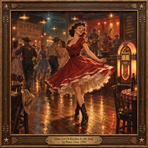 A smiling woman in a swirling crimson dress dances across a polished honky-tonk floor, surrounded by couples, a live country band, and a glowing jukebox. Amber lamps and smoky teal shadows illuminate the lively 1950s scene. Rich oil-painted textures, warm reflections, and an ornate wooden frame capture exuberant musical energy.