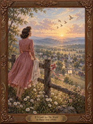 A woman in a rose-colored 1950s dress gazes across a peaceful valley at sunrise. Golden light warms cottages, a church, winding roads, and distant blue hills beneath pastel clouds. Birds soar above wildflowers and a fluttering pinwheel. Textured oil brushwork and an ornate carved wooden musical frame evoke wistful hope.