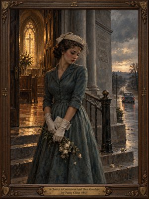 A sorrowful woman in a teal 1950s dress stands on rain-slick courthouse steps, clutching wilted flowers and a folded letter. Golden church light glows behind her as a vintage car disappears down a gray road. Expressive oil brushwork, muted colors, and an ornate bronze-trimmed frame deepen the farewells melancholy.