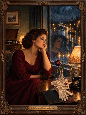A wistful woman in a burgundy dress sits beside a rain-streaked window, her reflection hovering over a glowing nighttime street. Amber lamps illuminate a fading rose, rotary telephone, photograph, and record player. Rich blue shadows contrast with warm golden highlights in this nostalgic oil painting, enclosed by an ornate musical frame.