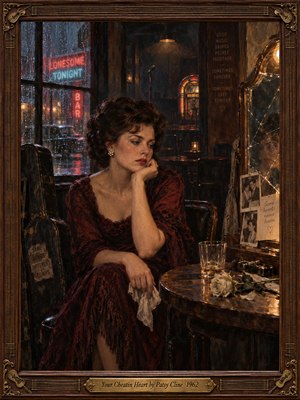 Rain-streaked windows glow with red and blue neon beside a solitary woman in a burgundy dress, slumped inside a dim 1960s bar. A cracked mirror, wilted white rose, and half-empty glass suggest betrayal. Warm amber lighting and deep shadows enrich the detailed oil painting, enclosed in carved wood and brass.