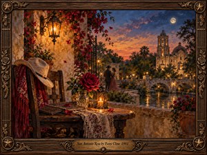 An ornate wooden frame surrounds a romantic San Antonio twilight, where a crimson rose, cowboy hat, and candlelit table overlook a stone bridge and glowing mission. A distant couple lingers beneath a violet-blue sky and moon. Rich oil-painted textures, amber lanterns, and drifting petals evoke tender nostalgia and wistful longing.
