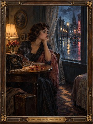 A wistful woman sits beside a rain-streaked window, gazing toward a glowing city street. Warm lamplight illuminates roses, a rotary telephone, and scattered petals, contrasting with cool blue reflections outside. Rich oil painting textures, vintage furnishings, and an ornate wooden frame evoke romantic longing, solitude, and nostalgic melancholy.