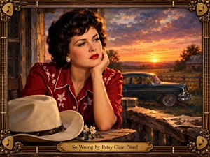 A wistful woman in a crimson embroidered western blouse sits on a rustic porch, gazing pensively toward a glowing sunset. A cream cowboy hat, wildflowers, weathered wood, and a vintage teal car evoke 1960s country nostalgia. Rich oil-paint textures, amber light, deep reds, and ornate golden musical framing convey longing, regret, and forbidden love.
