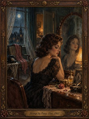 A sorrowful woman in black lace sits at a vanity, her distant reflection haunting an ornate mirror. Cool moonlight filters through a rain-streaked window, contrasting with warm amber lamplight. A rotary telephone, wilted rose, pearls, and faded photograph suggest lost love. Rich oil textures and a carved wooden frame deepen the melancholy.