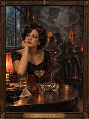 In a rain-soaked 1950s lounge, a solitary woman gazes sadly past a table holding three cigarettes, glasses, and a fallen rose. Smoke curls into ghostly lovers above her, while an empty chair deepens the heartbreak. Warm amber lamplight meets cool blue shadows in this richly textured, brass-framed oil painting.