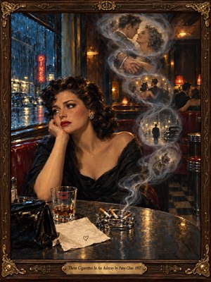 A sorrowful woman sits alone in a rain-soaked 1950s diner, illuminated by amber lamps and cool blue neon. Cigarette smoke spirals above an ashtray, revealing ghostly memories of romance, dancing, and departure. Rich oil-painted textures, burgundy booths, reflective tabletops, and an ornate gilded frame deepen the nostalgic heartbreak.