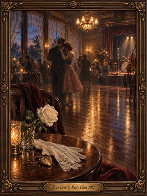 An intimate 1960s ballroom glows with amber chandeliers as a couple slow dances beneath lace curtains. A white rose, delicate gloves, and golden locket rest on a polished table. Dusky blue twilight meets warm reflections across the wooden floor, while an ornate bronze frame completes the romantic oil painting.