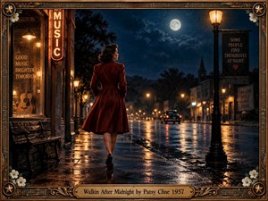 A solitary woman in a burgundy vintage coat walks along a rain-soaked small-town street beneath a luminous full moon. Warm amber streetlamps and glowing storefronts contrast with deep midnight blues, reflecting across the pavement. An ornate antique frame with musical details surrounds this cinematic 1950s country scene, evoking loneliness, longing, and romantic mystery.