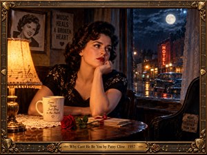 A pensive woman in a black embroidered dress sits beside a rain streaked window in a nostalgic 1950s room. Warm lamplight contrasts with moonlit blue streets, a glowing hotel sign, and a vintage car. A red rose, tied letters, and ornate gold musical framing deepen the atmosphere of longing and heartbreak.