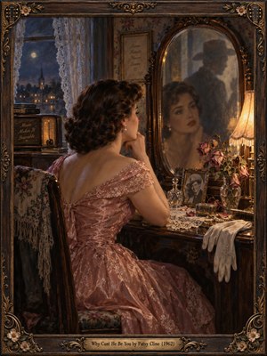 A wistful woman in a rose satin gown sits before an antique vanity, her reflection accompanied by a shadowy mans silhouette. Wilted roses, a framed photograph, lace curtains, and warm lamplight fill the moonlit room. Rich amber and midnight blue oil-painted tones evoke longing, framed by ornate gilded wood.