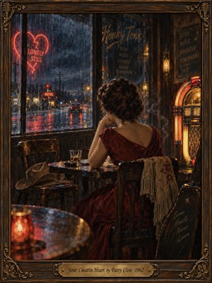 A solitary woman in a crimson dress sits inside a dim honky-tonk, gazing through rain-streaked windows at a deserted neon-lit road. An empty chair, cowboy hat, whiskey glass, and glowing jukebox deepen the heartbreak. Rich oil-painted textures, amber highlights, midnight blues, and an ornate wooden frame evoke wistful 1960s loneliness.