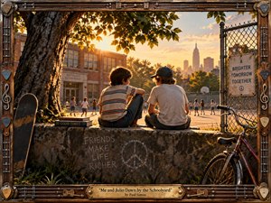 Two boys sit together on a weathered schoolyard wall beneath a broad tree, overlooking children at play and a hazy city skyline. Golden sunset light creates a warm, nostalgic mood, with earthy browns, amber highlights, a bicycle, skateboard, chalk markings, and a handcrafted guitar-themed wooden frame enhancing the vintage illustrative realism.
