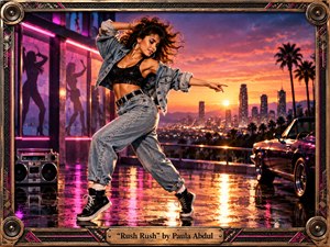 A confident young woman dances across rain-slick pavement against a glowing city sunset, framed by neon pink club lights, palm silhouettes, a vintage convertible, and a boombox. Warm orange and magenta reflections create a romantic, energetic mood, while the ornate metallic frame and retro styling evoke polished early-1990s pop glamour.
