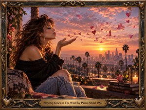 A windswept woman sits above a glowing city at sunset, releasing heart-shaped petals into the warm evening air. Palm silhouettes, distant towers, roses, books, and candlelight create a romantic, wistful mood. Rich amber and pink tones, cinematic lighting, and an ornate bronze frame evoke polished early-1990s visual drama.
