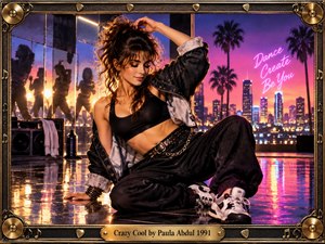 A poised dancer lounges across a glossy studio floor against a neon city sunset, mirrored silhouettes and palm trees amplifying the energetic 1990s atmosphere. Deep black clothing contrasts with vivid purple, pink, orange, and blue light. A detailed metallic musical frame and engraved brass title plate complete the glamorous photographic composition.