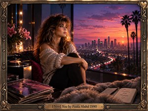 A wistful woman sits beside a wide window overlooking a glowing city at sunset, surrounded by records, flowers, and a handwritten journal. Warm amber light contrasts with pink and violet skies, creating romantic longing and quiet reflection. An ornate bronze musical frame reinforces the polished nostalgic pop aesthetic.