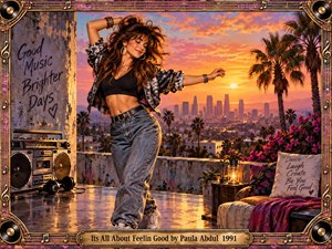 A joyful dancer moves across a glowing Los Angeles rooftop at sunset, surrounded by palm trees, flowers, a vintage boombox, and relaxed furnishings. Warm orange, pink, purple, and gold tones create an uplifting nostalgic mood. Ornate musical framing and polished realism evoke vibrant early-1990s pop energy.