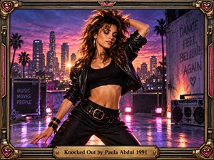 A confident dancer poses on a neon-lit rooftop above a glowing city skyline at sunset. Black leather clothing contrasts with vivid pink, purple, and orange reflections, creating energetic retro-pop drama. Palm trees, a boombox, road cases, graffiti, and an ornate gold musical frame reinforce the polished 1980s atmosphere.