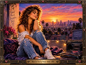 A radiant woman relaxes on a rooftop overlooking a palm-lined city at sunset, surrounded by blankets, records, flowers, and a vintage boombox. Warm orange and pink light creates a romantic, nostalgic mood. Detailed painterly realism, expressive textures, glowing string lights, and an ornate musical frame evoke early-1990s pop.
