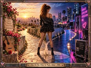 A stylish woman stands at a dramatic fork overlooking a glowing city, torn between a warm romantic sunset path and a cool neon road toward independence. Golden light, pink flowers, wet blue pavement, musical details, and heart motifs create an energetic late-1980s pop atmosphere filled with choice and possibility.