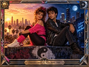 A stylish pair sits back-to-back above a graffiti-covered rooftop, framed by contrasting sunset warmth and moonlit city blues. Her vivid pink fashion opposes his dark leather look, creating playful romantic tension. Palm trees, neon lettering, a yin-yang symbol, metallic geometric framing, and glowing skylines reinforce the polished 1980s cinematic aesthetic.